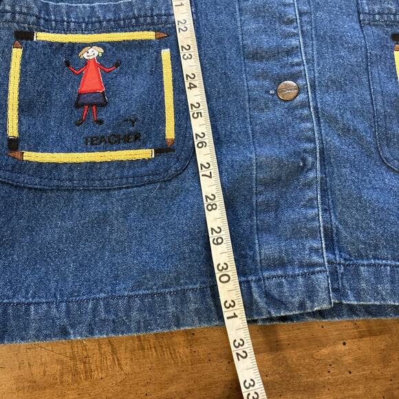 Way To Go Jean Jacket Women’s Sz L New Blue Embroidered School Teacher Shacket - Picture 9 of 9